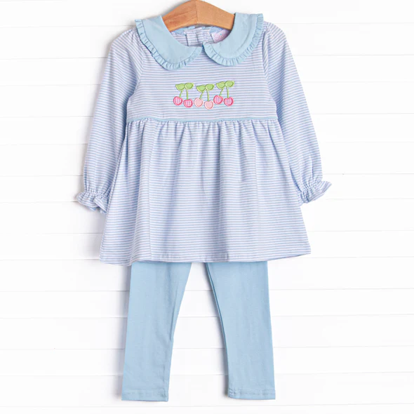 (Custom Design Preorder MOQ 5) Cherry Blue Stripes Tunic Top Legging Pants Girls Fall Clothes Set
