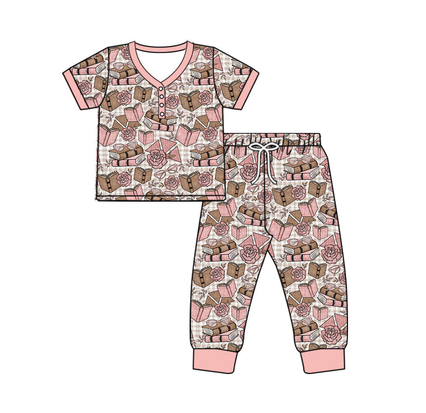 (Pre-order)GSPO1860 Adult Books Flowers Print Woman Valentine's Day Pajamas Clothes Set