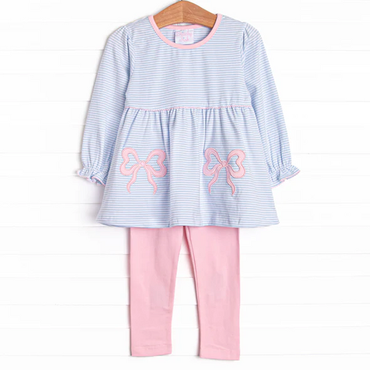 (Custom Design Preorder MOQ 5) Bows Stripes Tunic Top Pink Pants Girls Clothes Set
