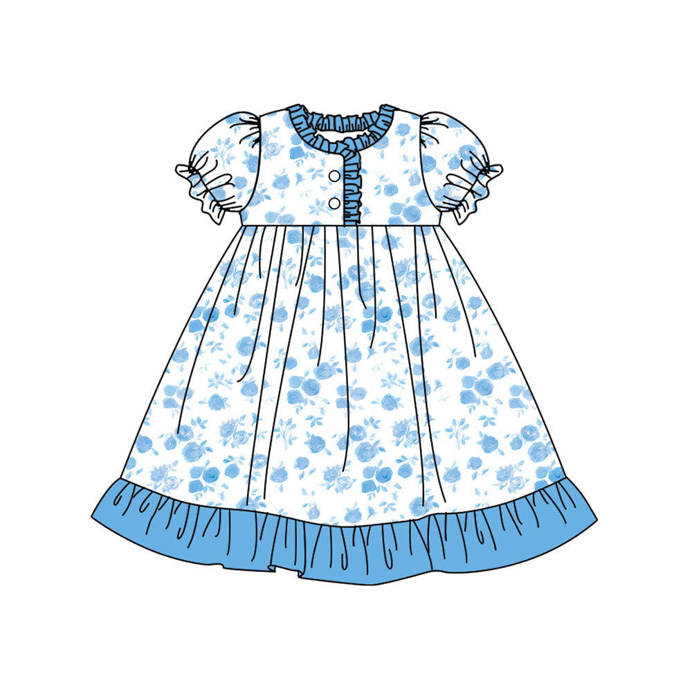 12.10(Custom Design Preorder MOQ 5) Blue Flowers Print Girls Summer Pajamas Knee Length Dress