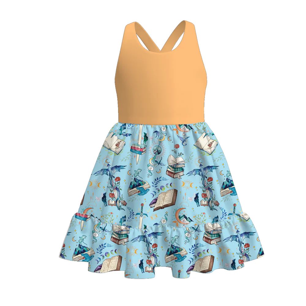 (Custom Design Preorder MOQ 5) Cartoon Magic Books Print Girls Summer Knee Length Dress