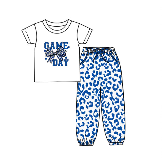 (Custom Design Preorder MOQ 5) Game Day Bow Top Blue Leopard Joggers Pants Girls Clothes Set
