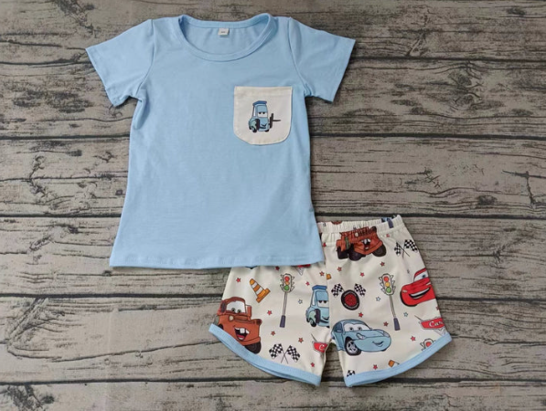 (Custom Design Preorder MOQ 5) Blue Pocket Top Cartoon Cars Shorts Boys Summer Clothes Set