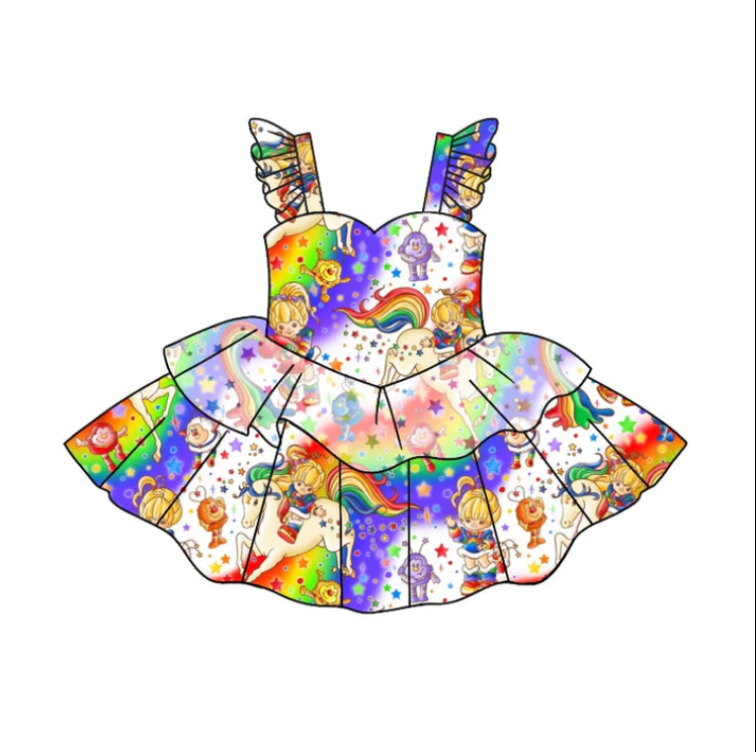 (Custom Design Preorder MOQ 5) Unicorn Rainbow Print Girls Knee Length Summer Dress