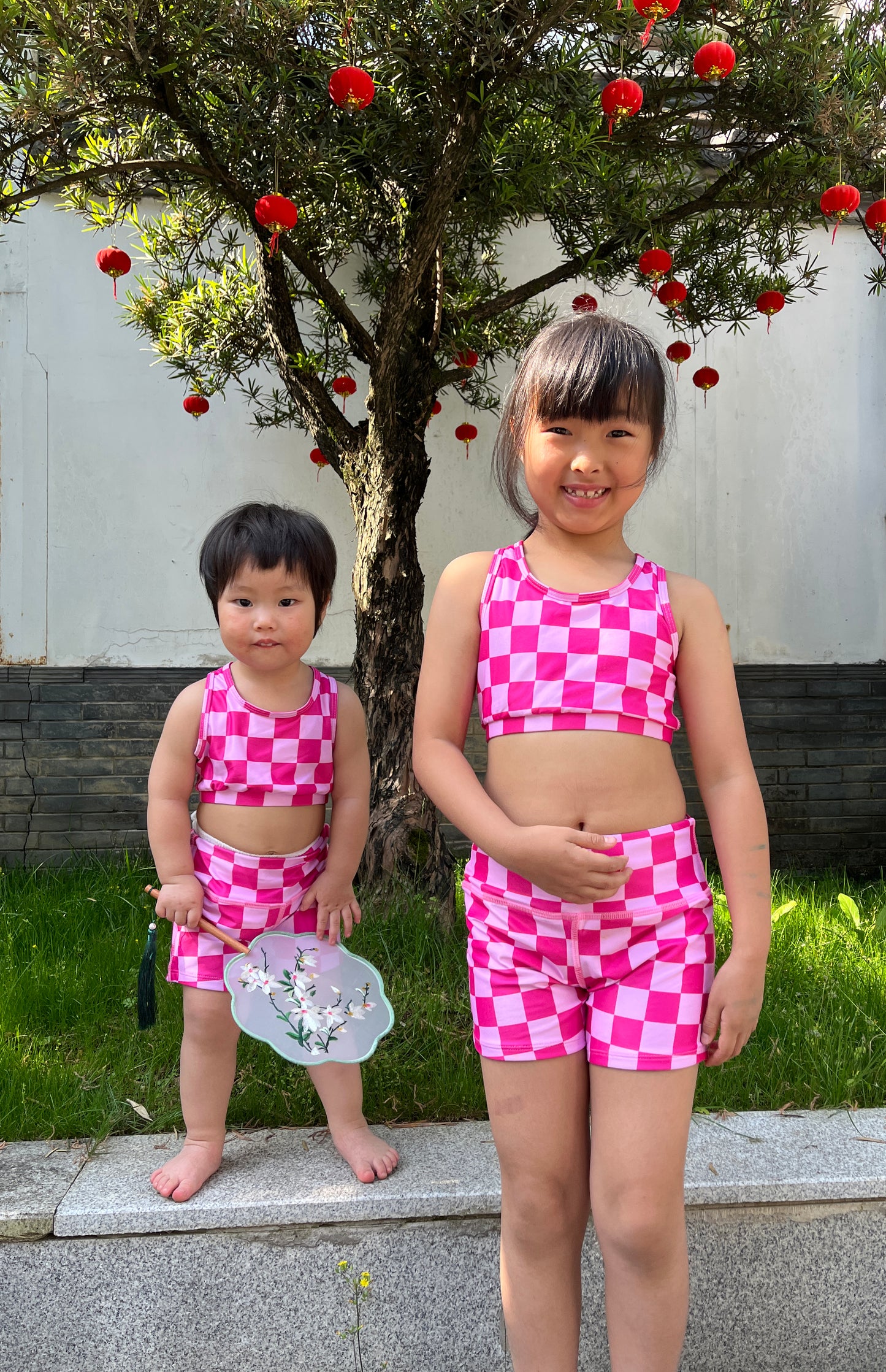 GSSO0905 Hot Pink Plaid Print Girls Summer Clothes Set