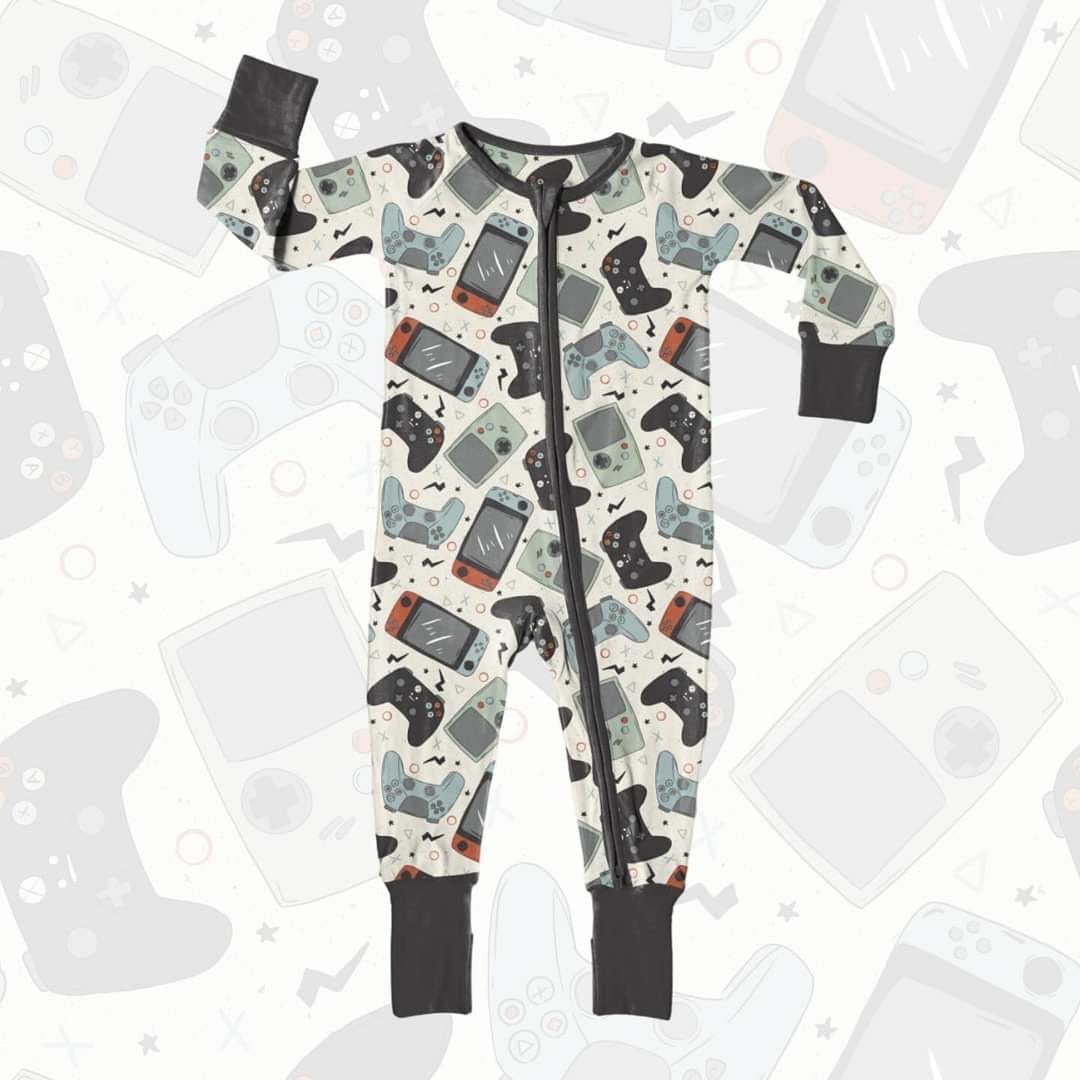 (Custom Design Preorder MOQ 5) Game Machine Print Baby Boys Sleeper Zipper Romper
