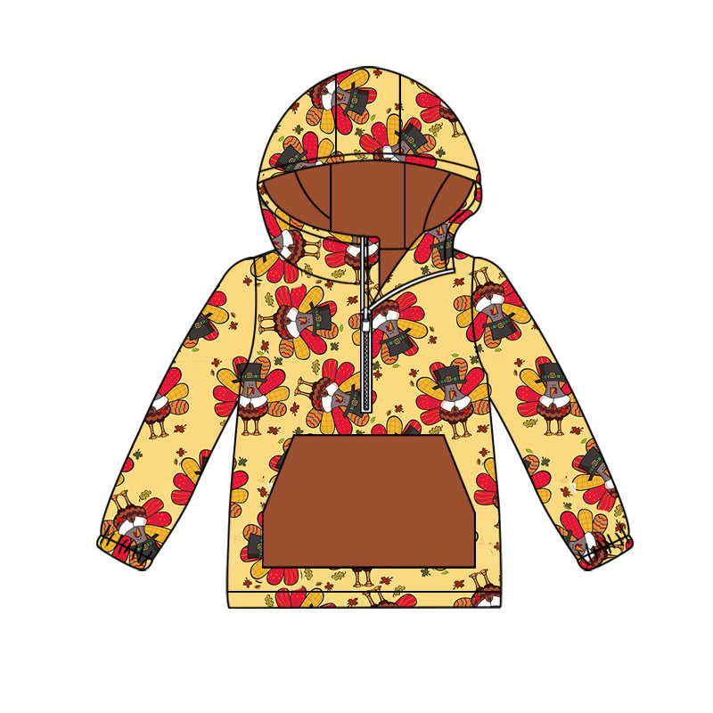 (Custom Design Preorder MOQ 5) Turkey Print Boys Thanksgiving Hoodie Zipper Tops