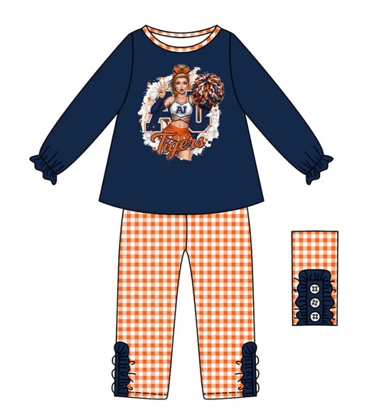 (Custom Design Preorder MOQ 5) Team's Tigers Cheer Top Plaid Pants Girls Fall Clothes Set