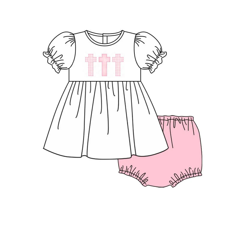 (Custom Design Preorder MOQ 5) Cross Tunic Top Pink Shorts Baby Girls Easter Bummie Set
