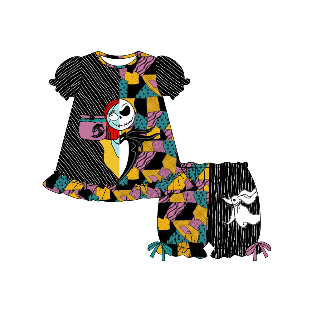 (Custom Design Preorder MOQ 5) Cartoon Movie Characters Tunic Top Shorts Girls Halloween Clothes Set