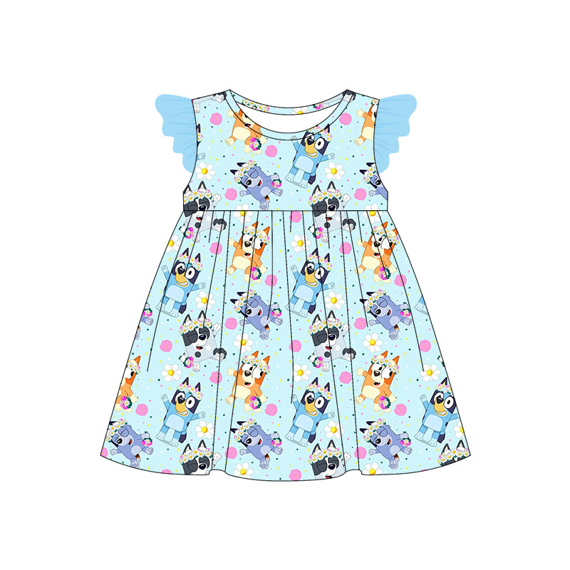 (Custom Design Preorder MOQ 5) Flutter Sleeve Tulle Cartoon Dogs Blue Print Girls Summer Knee Length Dress