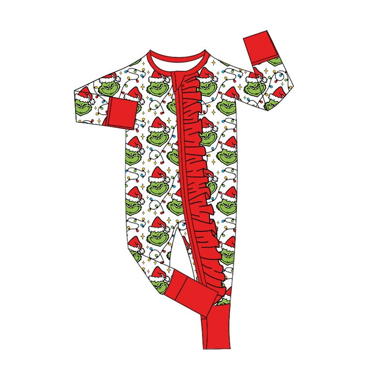 (Custom Design Preorder MOQ 5) Green Frog Lights Print Baby Girls Christmas Sleeper Zipper Romper