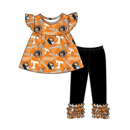 (Custom Design Preorder MOQ 5) Team's Tennessee Tunic Top Black Pants Girls Clothes Set