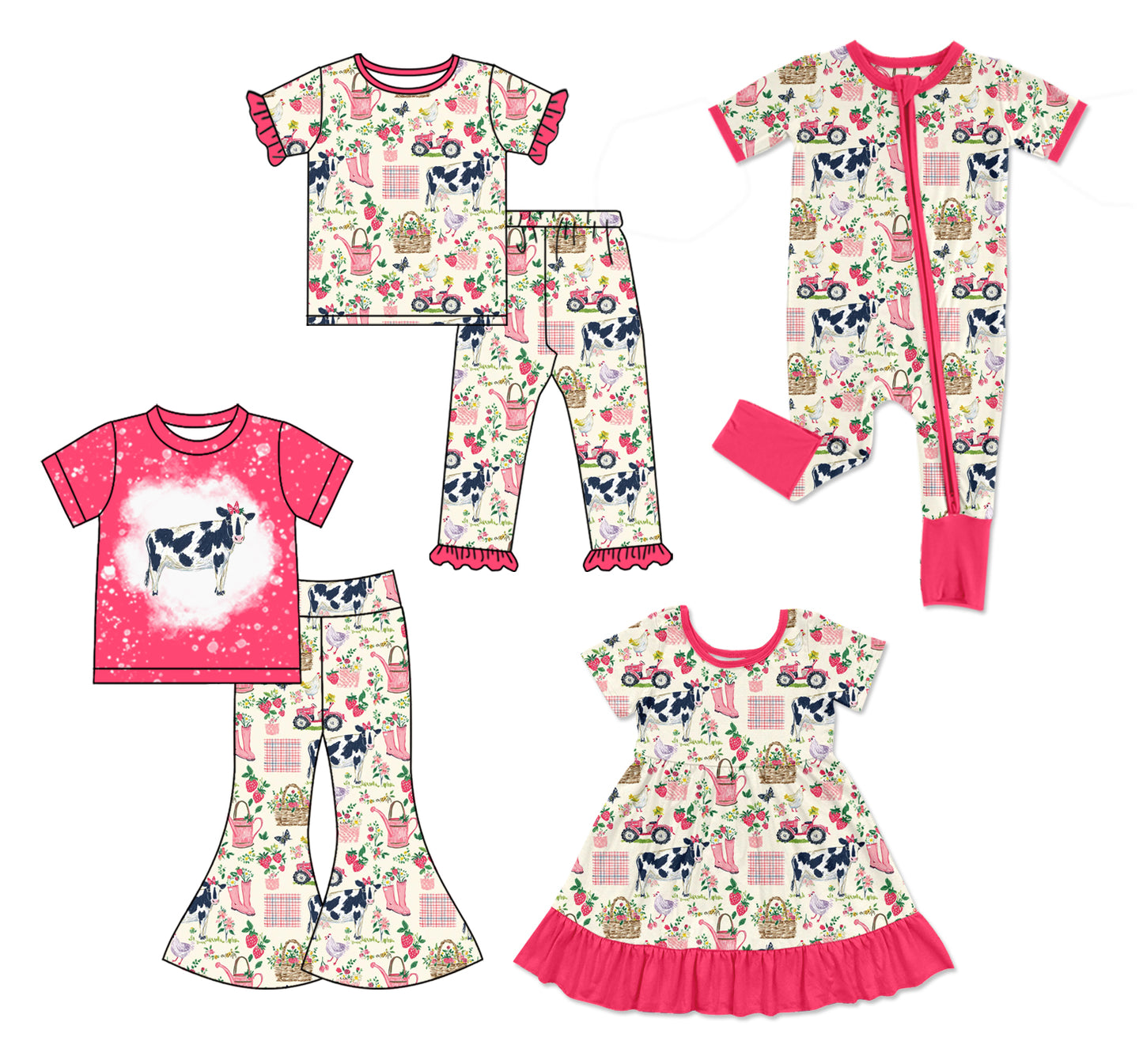 12.5 (Custom Design Preorder MOQ 5 Each Design) Farm Animals Flowers Tractors Print Girls Matching Clothes Sisters Wear