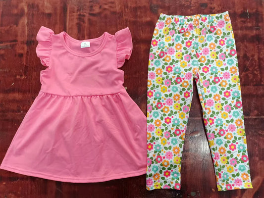 (Custom Design Preorder MOQ 5) Pink Top Colorful Flowers Legging Pants Girls Clothes Set