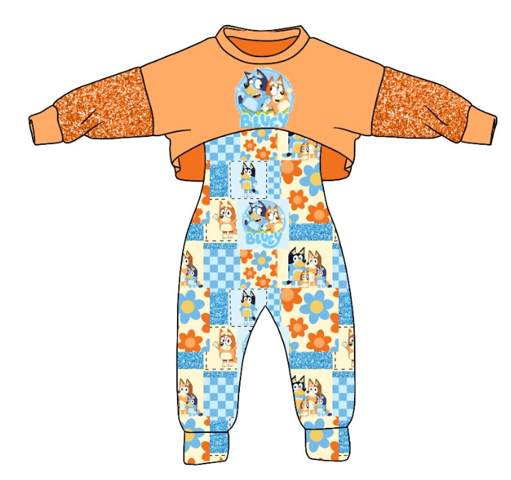 (Custom Design Preorder MOQ 5) Cartoon Dog Print Girls Jumpsuits Clothes Set