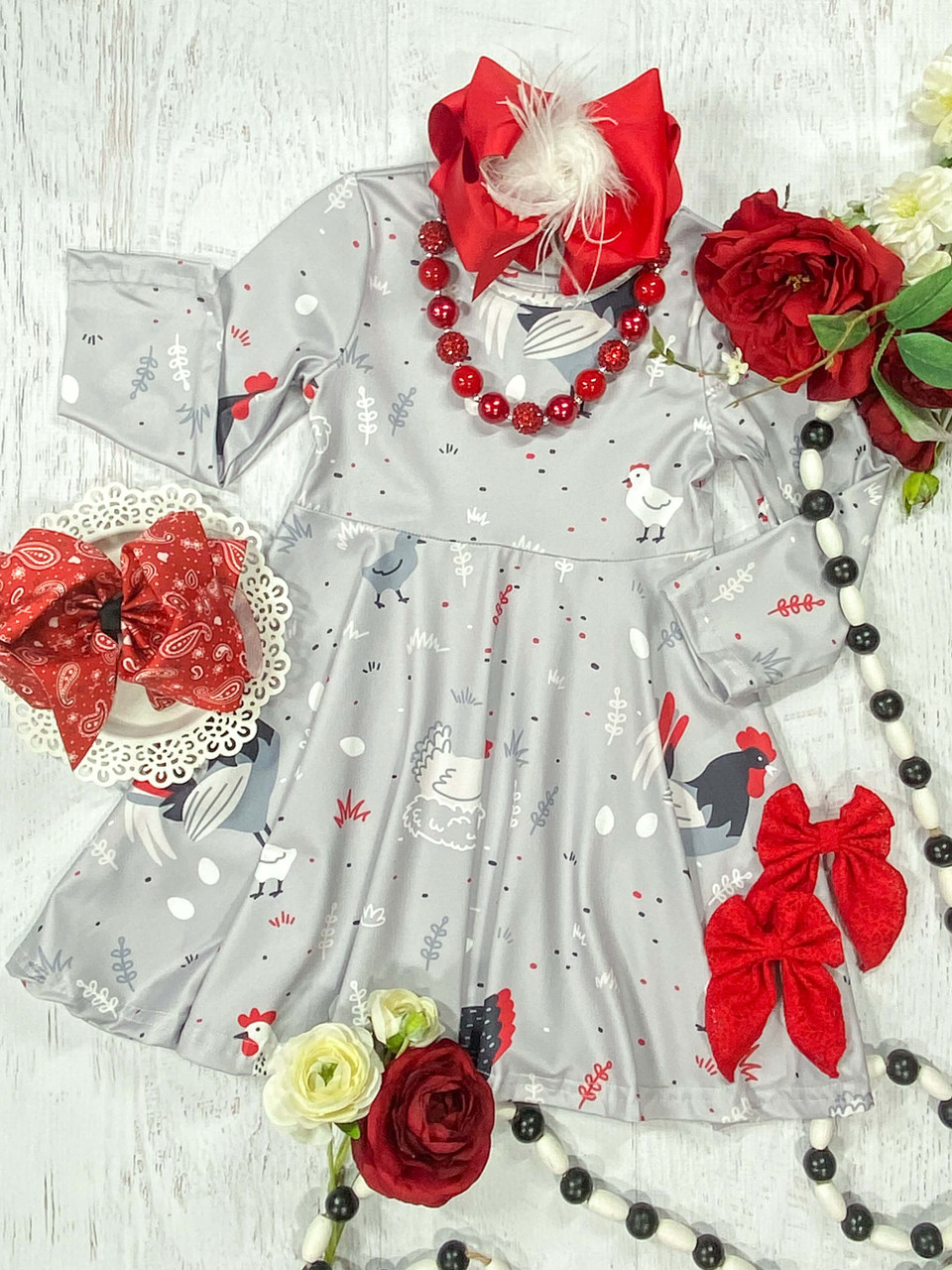 (Custom Design Preorder MOQ 5) Light Grey Chicken Print Girls Knee Length Dress