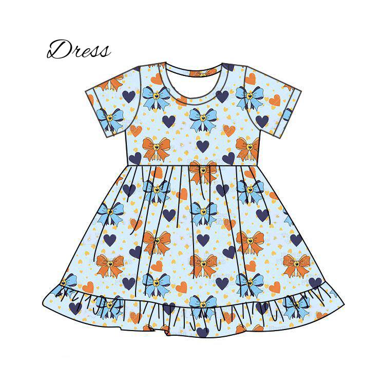 (Custom Design Preorder MOQ 5) Cartoon Dog Bows Print Girls Summer Knee Length Dress