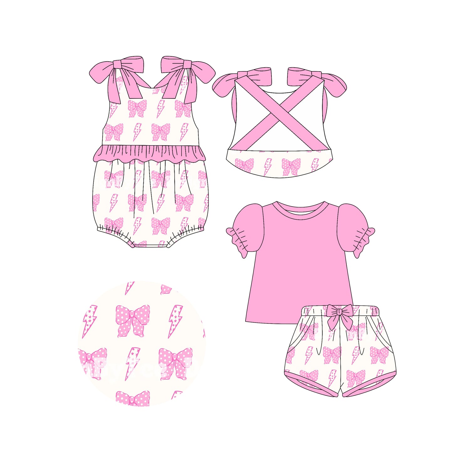 4.14(Custom Design Preorder MOQ 5 Each Design) Flash Pink Bows Print Girls Summer Matching Clothes Sisters Wear