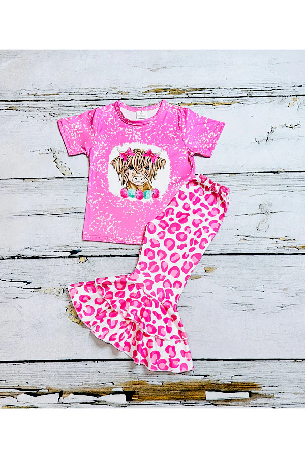 (Custom Design Preorder MOQ 5) Highland Cow Top Hotpink Leopard Bell Pants Girls Western Clothes Set