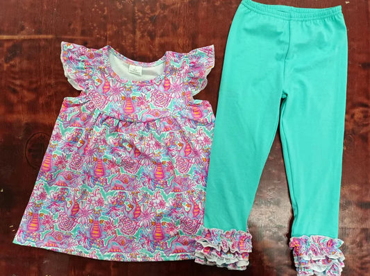 (Custom Design Preorder MOQ 5) Dino Flowers Tunic Top Ruffle Legging Pants Girls Clothes Set