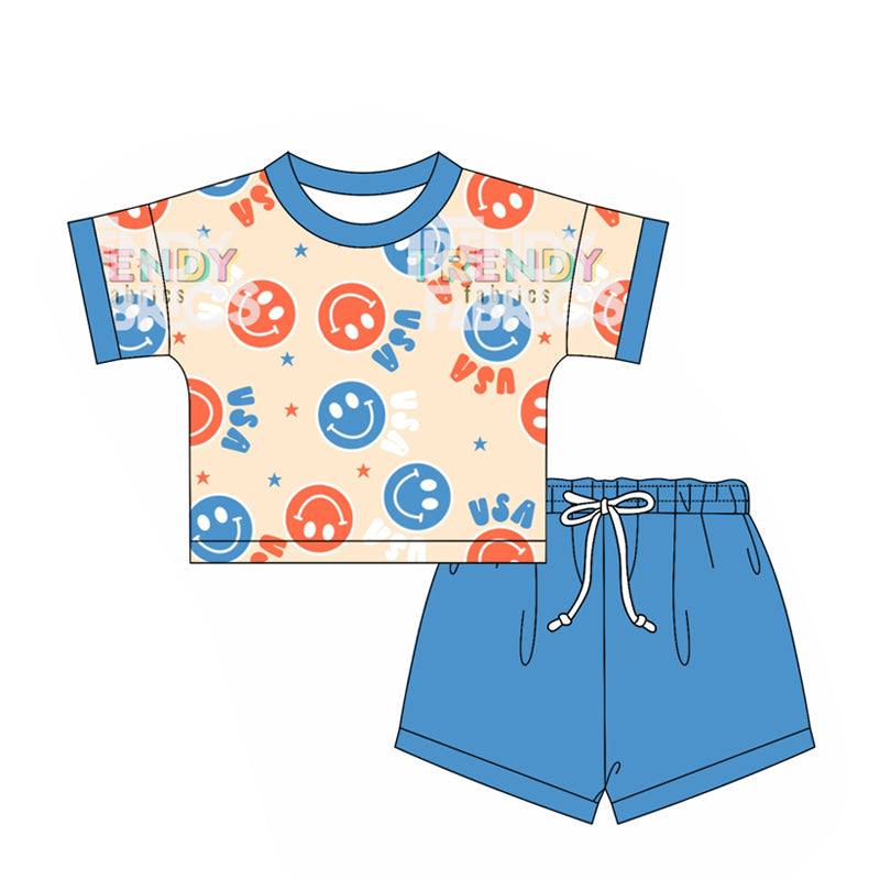 2.24(Custom Design Preorder MOQ 5) USA Smiling Face Stars Top Blue Shorts Kids 4th of July Clothes Set