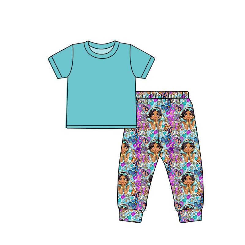 (Custom Design Preorder MOQ 5) Blue Top Cartoon Princess Heart Pants Girls Clothes Set