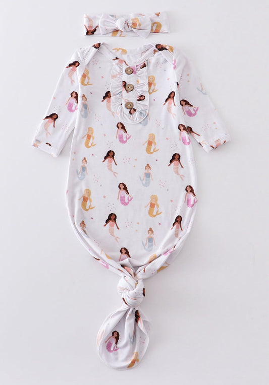 (Custom Design Preorder MOQ 5)  Mermaid Print Baby Girls Fall Newborn Gowns