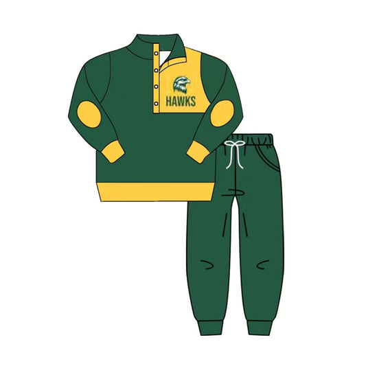 (Custom Design Preorder MOQ 5) Team's Hawks Green Print Pullover Top Pockets Pants Boys Fall Clothes Set