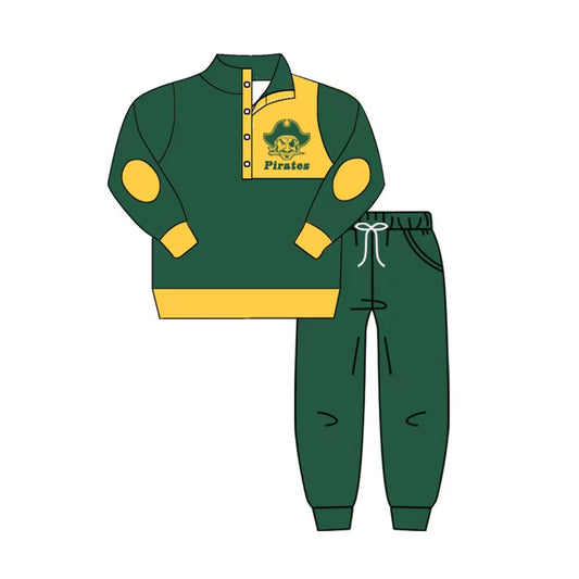 (Custom Design Preorder MOQ 5) Team's Pirates Green Print Pullover Top Pockets Pants Boys Fall Clothes Set