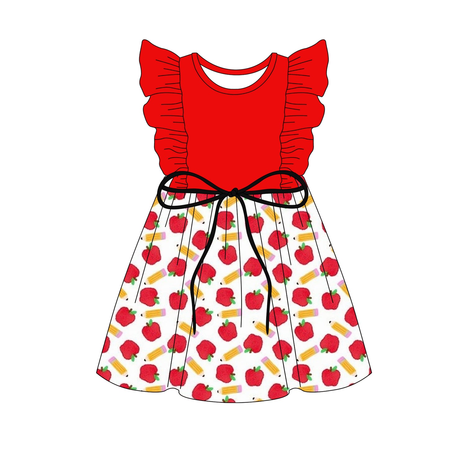 3.5(Custom Design Preorder MOQ 5) Pen Apple Print Girls Back to School Knee Length Dress