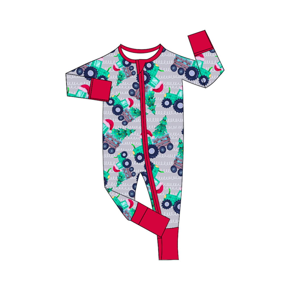 (Custom Design Preorder MOQ 20) Tractors Tree Print Baby Bamboo Christmas Sleeper Zipper Romper