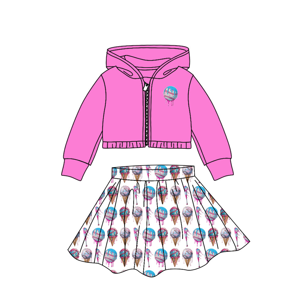 (Custom Design Preorder MOQ 5 Each Color) Hoodie Zipper Jacket Top Baseball Shorts Skirts Girls Clothes Set