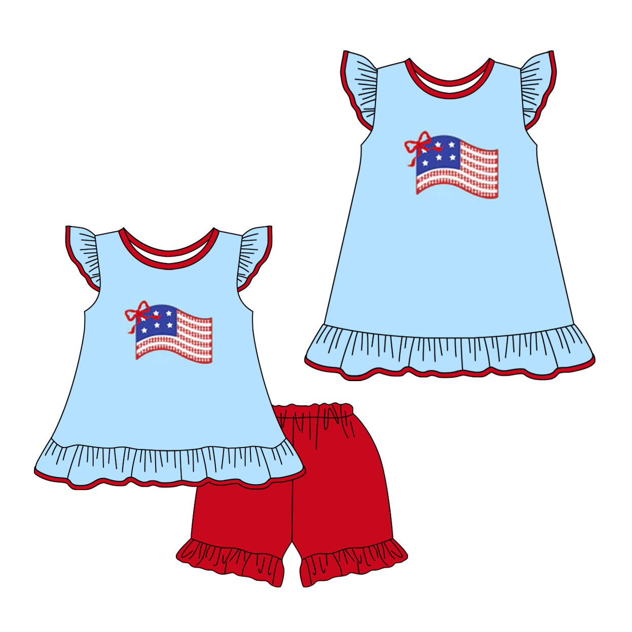2.7(Custom Design Preorder MOQ 5 Each Design) Flag Blue Print Girls 4th of July Matching Clothes Sisters Wear