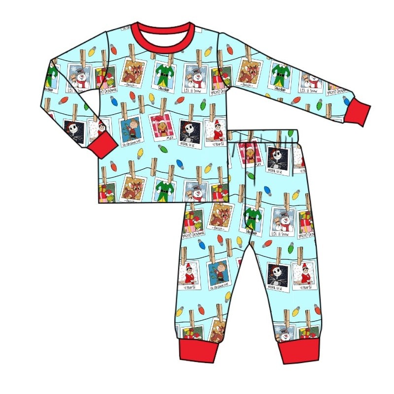 (Custom Design Preorder MOQ 20) Cartoon Figure Print Kids Christmas Bamboo Pajamas Clothes Set