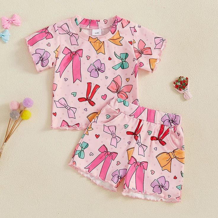(Custom Design Preorder MOQ 5) Colorful Bows Top Pockets Shorts Girls Summer Clothes Set