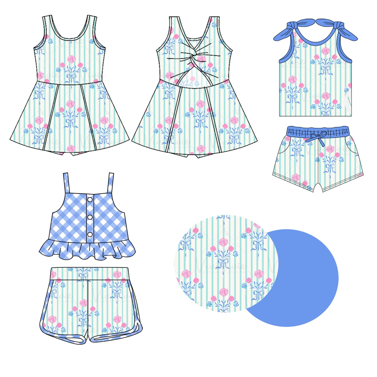 2.7(Custom Design Preorder MOQ 5 Each Design) Blue Flowers Plaid Print Girls Summer Matching Clothes Sisters Wear