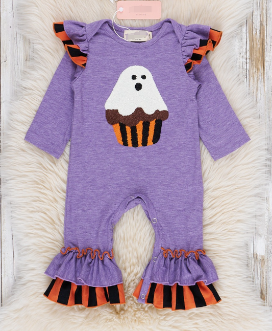 (Custom Design Preorder MOQ 5) Spooky Purple Print Baby Girls Halloween Romper