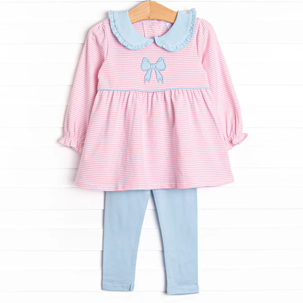 (Custom Design Preorder MOQ 5) Bow Pink Stripes Tunic Top Blue Pants Girls Fall Clothes Set