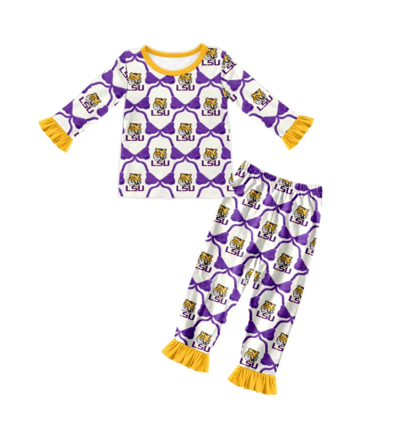 (Custom Design Preorder MOQ 20) Team's LSU Tigers Print Girls Fall Bamboo Pajamas Clothes Set