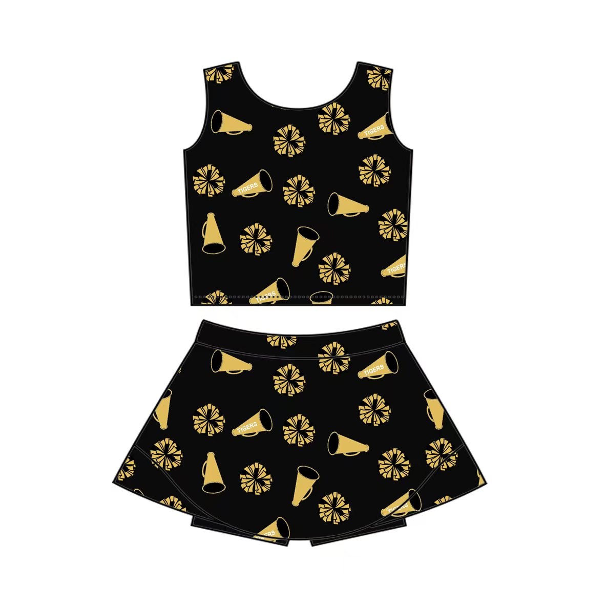 (Custom Design Preorder MOQ 5) Team's Cheer Black Print Shorts Skirts Girls Summer Yoga Clothes Set
