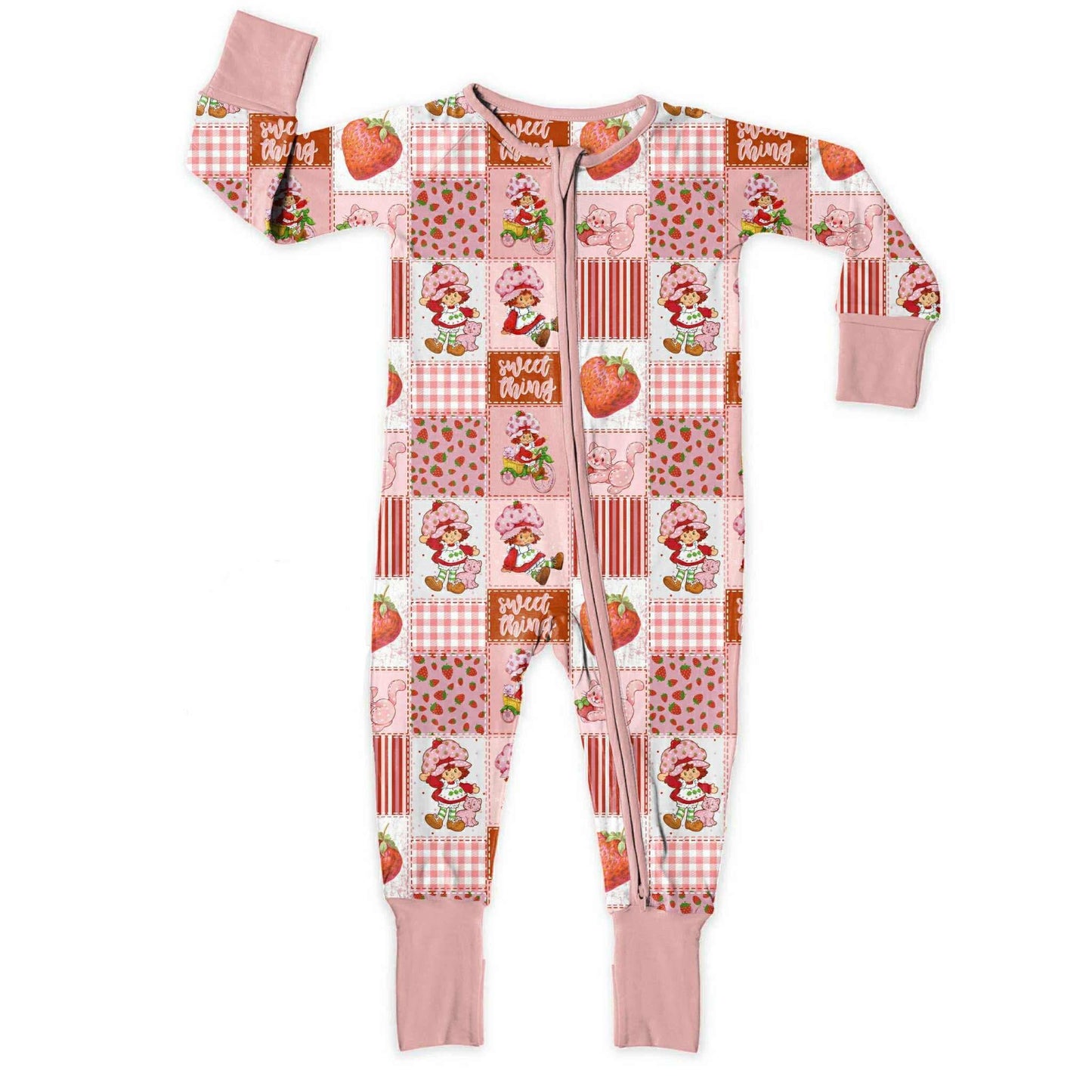 (Custom Design Preorder MOQ 5) Cartoon Girl Strawberry Print Baby Girls Sleeper Zipper Romper