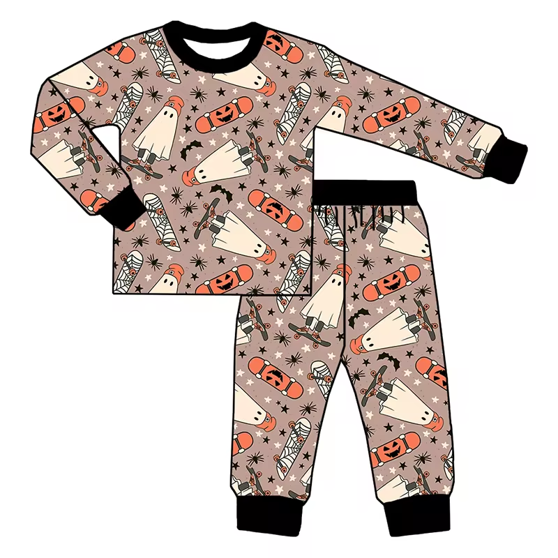 (Custom Design Preorder MOQ 5) Ghost Scoot Print Boys Halloween Pajamas Clothes Set