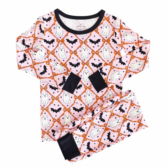 (Custom Design Preorder MOQ 5)  Spooky Bows Print Girls Halloween Pajamas Clothes Set