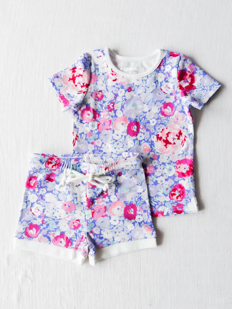 (Custom Design Preorder MOQ 5) Purple Flowers Print Girls Summer Clothes Set