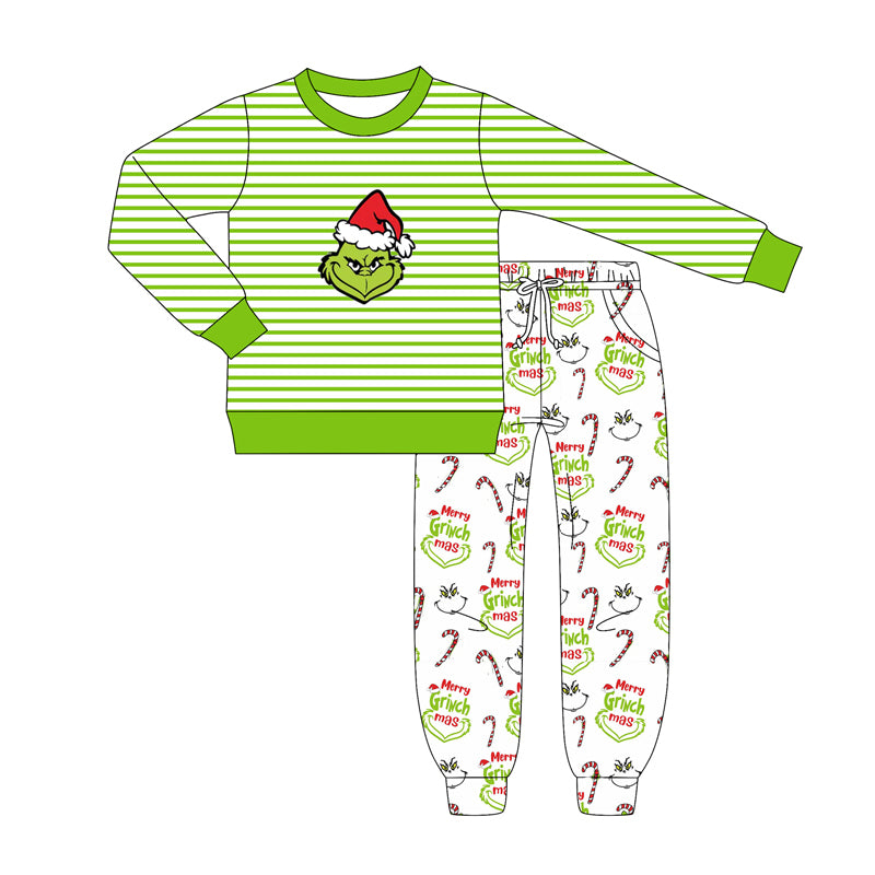 (Pre-order)BLP1262 Green Frog Stripes Top Pockets Pants Boys Christmas Clothes Set