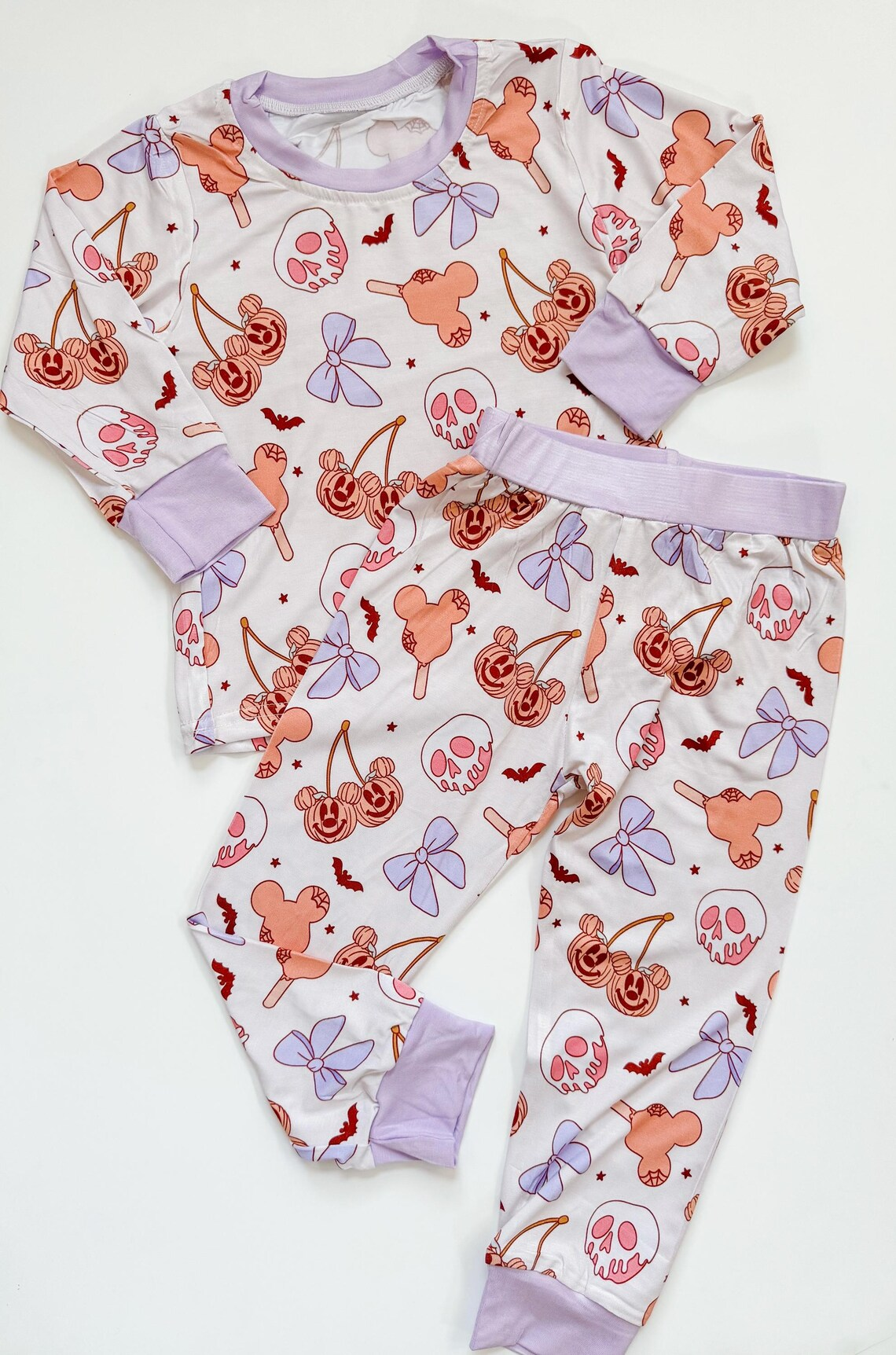 (Custom Design Preorder MOQ 20) Cartoon Mouse Pumpkin Bows Print Girls Halloween Pajamas Bamboo Clothes Set