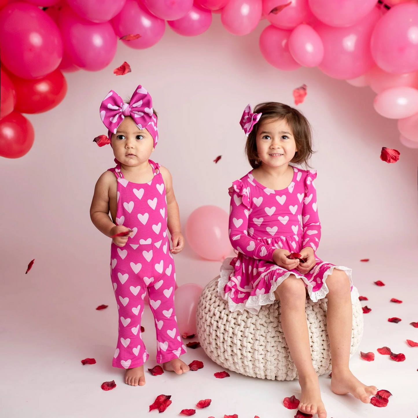 (Custom Design Preorder MOQ 5) Hot Pink Heart Print Girls Valentine's Knee Length Dress