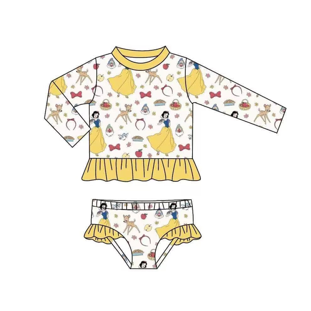 (Custom Design Preorder MOQ 5) Cartoon Princess Apple Print Girls 2 Pieces Long Sleeve Swimsuits