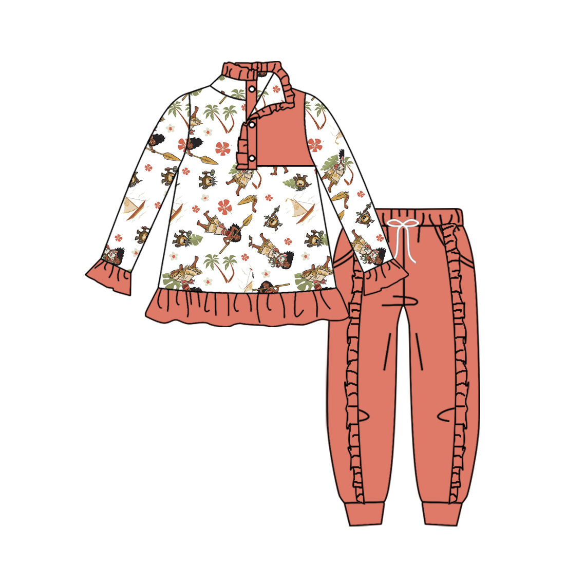 11.16(Custom Design Preorder MOQ 5) Cartoon Princess M*ana Pullover Top Ruffle Pants Girls Fall Clothes Set